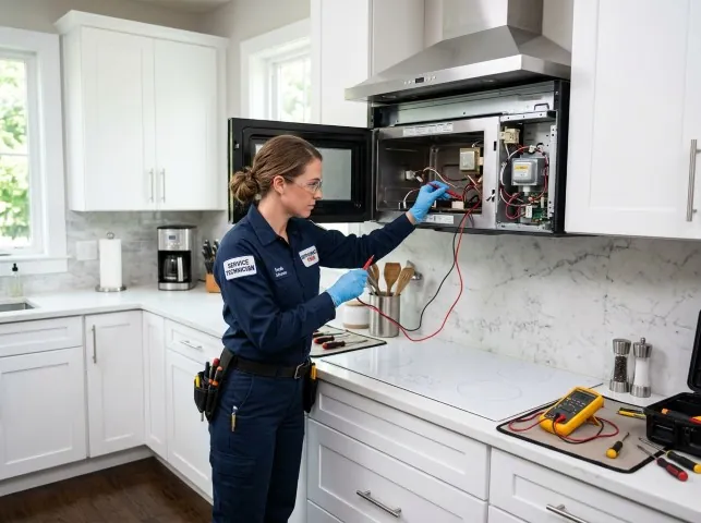 Appliance Repair Hero technician testing an over-the-range microwave in a Bellwood, IL kitchen